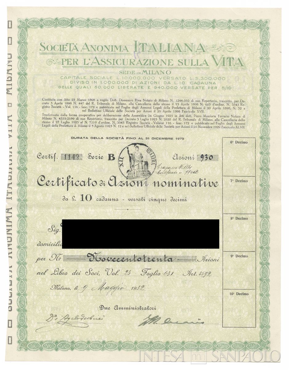 Italiana Assicurazione contro l'incendio SA, certificati azionari nominativi - verso c