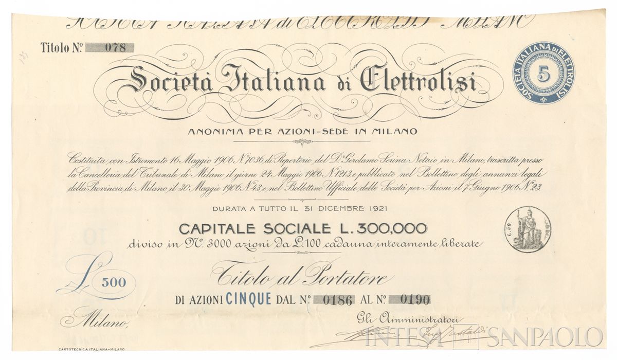 Italiana Elettrolisi SA, certificati azionari al portatore - recto b