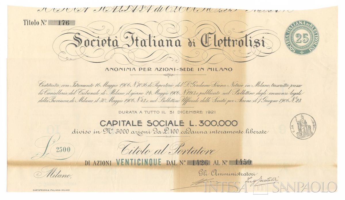 Italiana Elettrolisi SA, certificati azionari al portatore - recto c