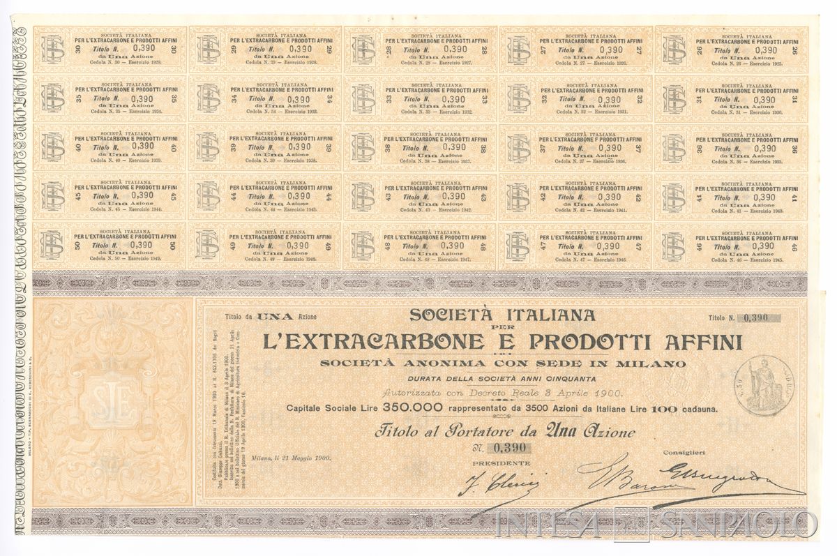 Italiana Extracarbone e prodotti affini SA, certificati azionari al portatore - recto a
