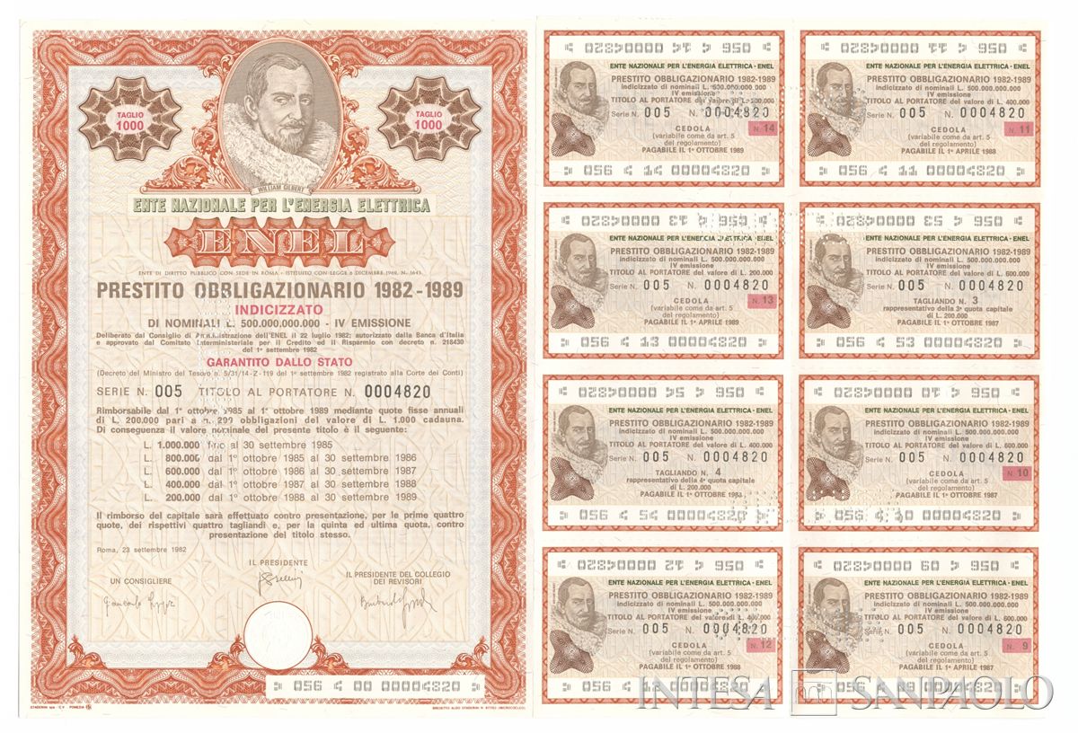 ENEL Ente nazionale per l'energia elettrica, certificato obbligazionario al portatore - recto