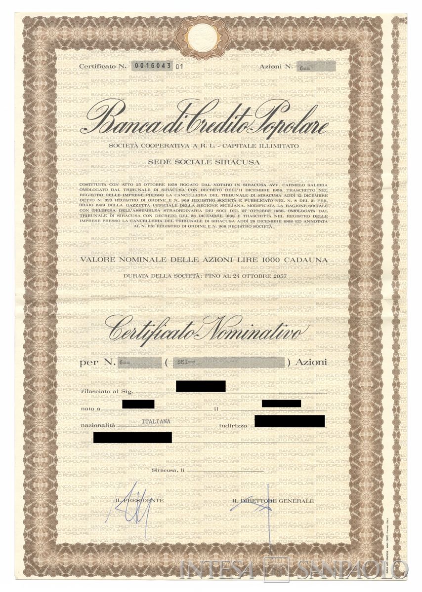 Banca di Credito Popolare, certificati azionari nominativi - recto a