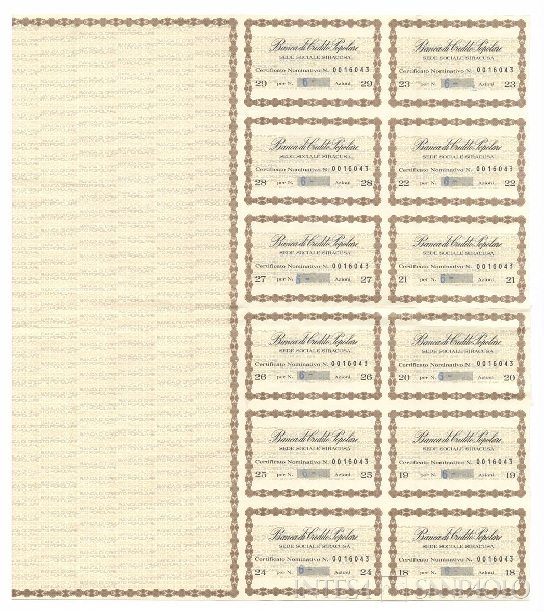 Banca di Credito Popolare, certificati azionari nominativi - recto a