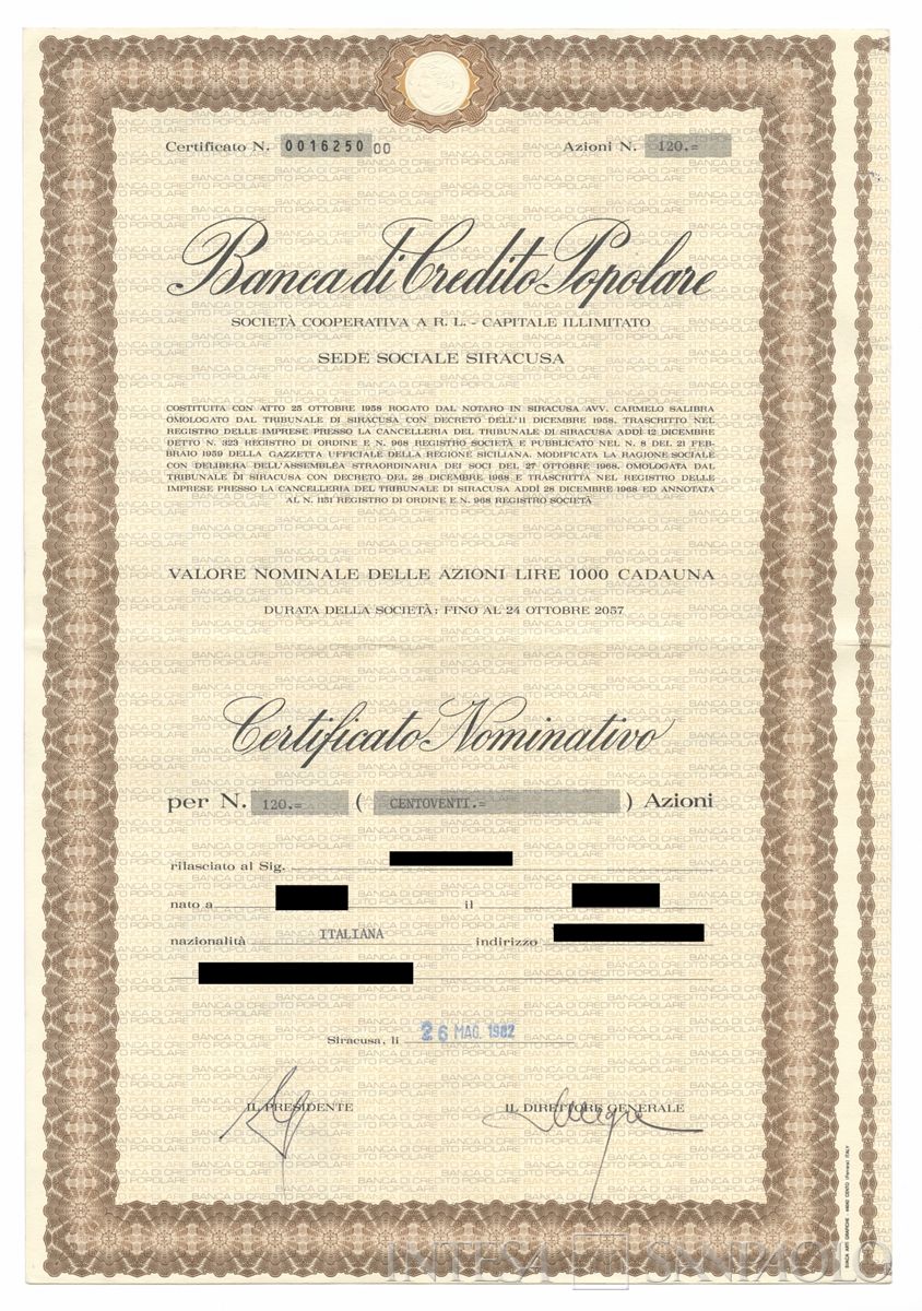 Banca di Credito Popolare, certificati azionari nominativi - recto b