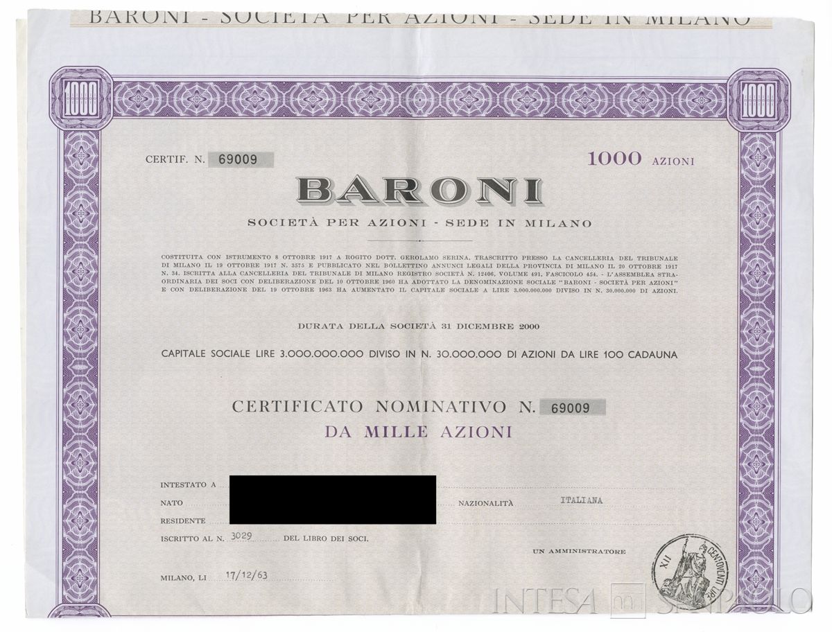 Baroni SpA, certificati azionari nominativi - recto b