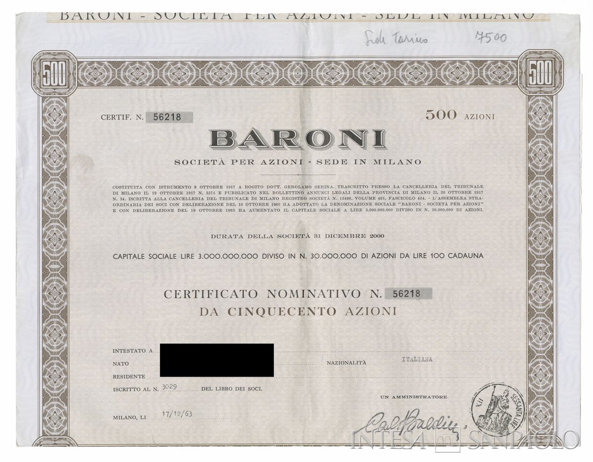 Baroni SpA, certificati azionari nominativi - recto a