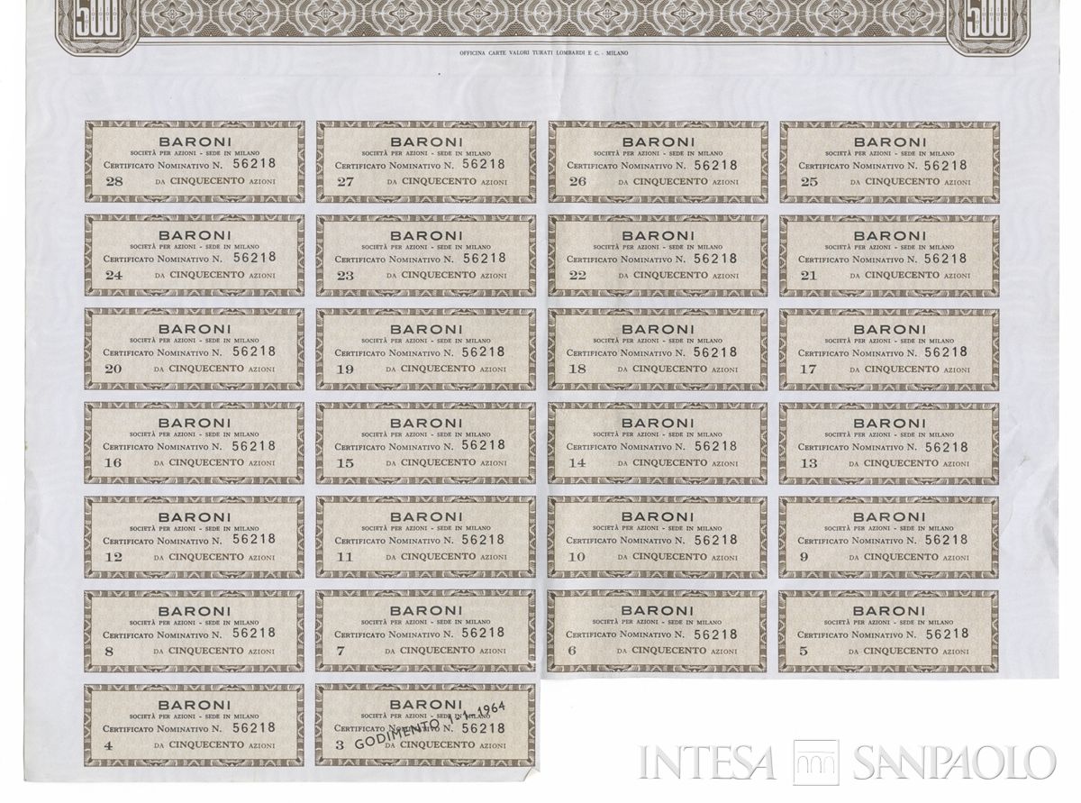 Baroni SpA, certificati azionari nominativi - recto a