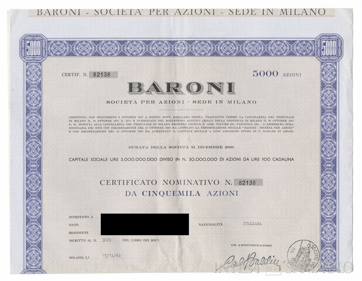 Baroni SpA, certificati azionari nominativi - recto c