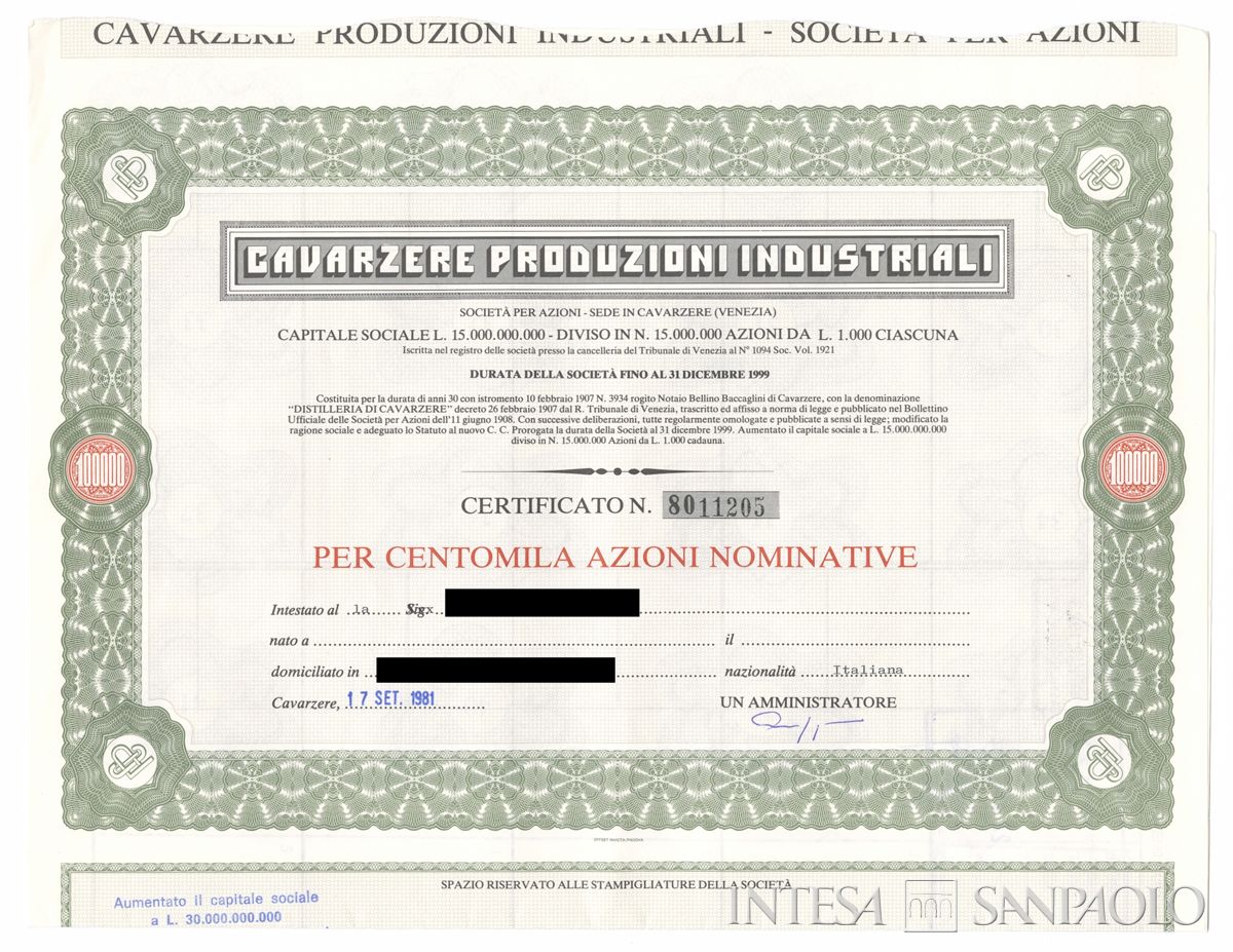 Cavarzere Produzioni Industriali SpA, certificato azionario nominativo - recto