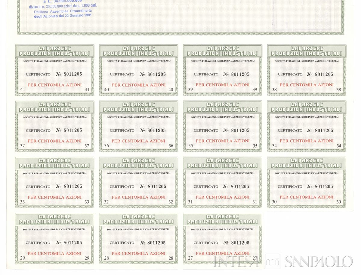 Cavarzere Produzioni Industriali SpA, certificato azionario nominativo - recto