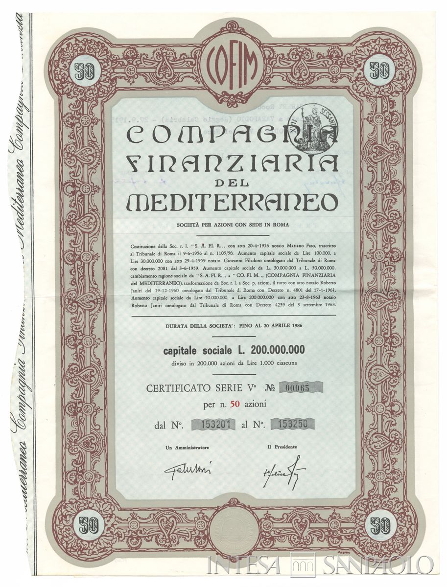 Compagnia Finanziaria del Mediterraneo - COFIME SpA, certificato azionario al portatore - recto