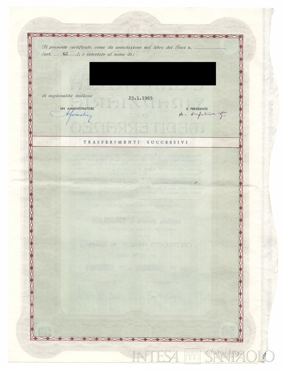 Compagnia Finanziaria del Mediterraneo - COFIME SpA, certificato azionario al portatore - verso