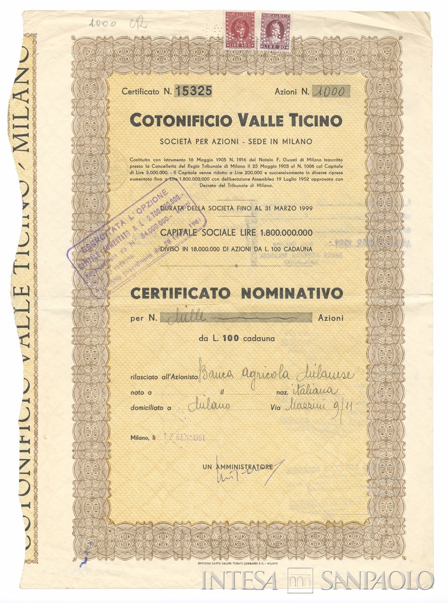 Cotonificio Valle Ticino SpA, certificati azionari nominativi - recto a