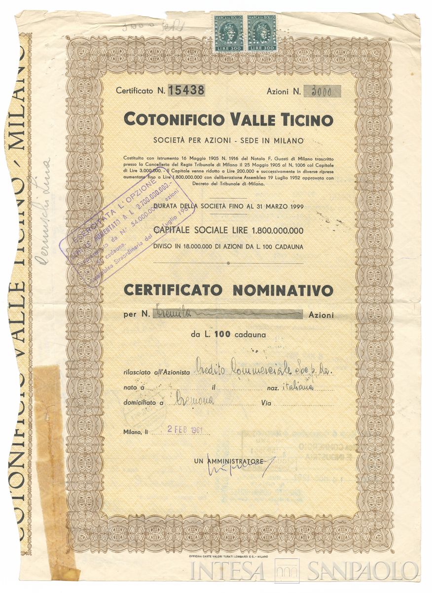 Cotonificio Valle Ticino SpA, certificati azionari nominativi - recto b