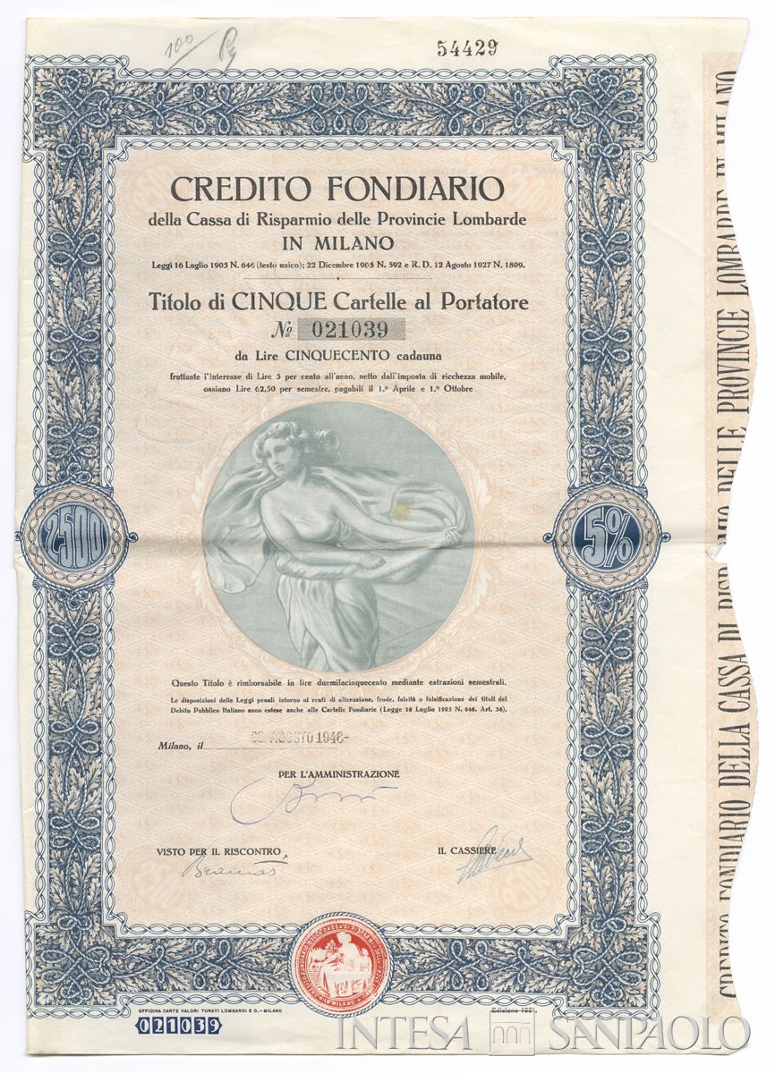 Credito Fondiario della Cariplo, cartelle al portatore - recto a