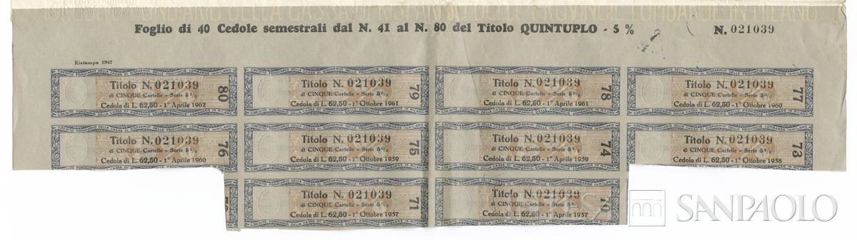 Credito Fondiario della Cariplo, cartelle al portatore - recto a