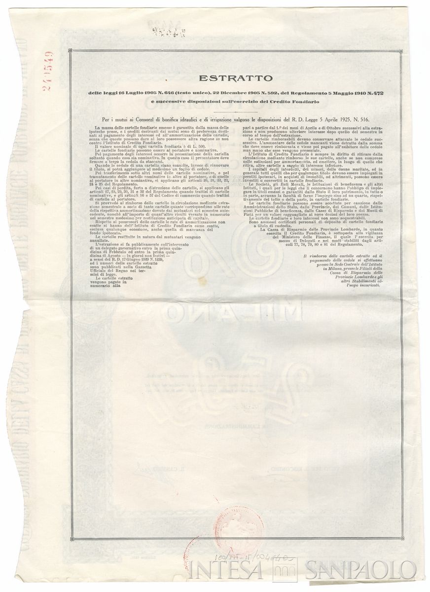 Credito Fondiario della Cariplo, cartelle al portatore - verso a