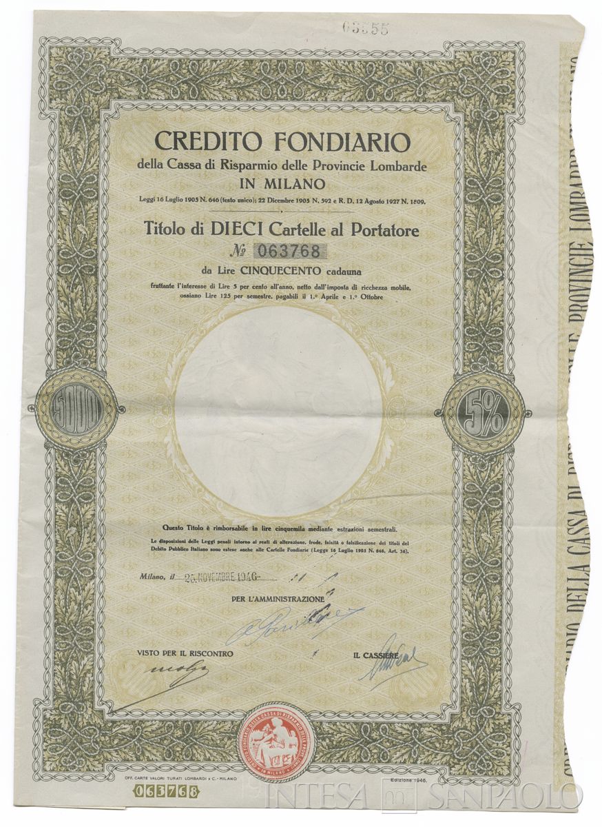 Credito Fondiario della Cariplo, cartelle al portatore - recto b