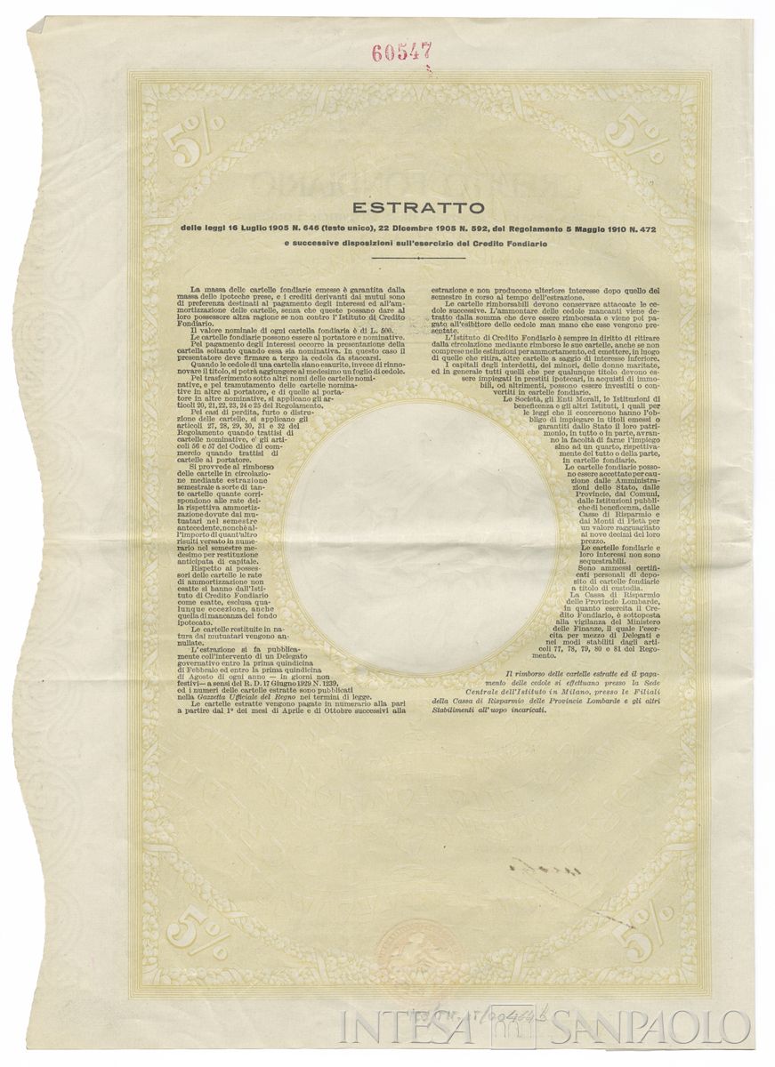 Credito Fondiario della Cariplo, cartelle al portatore - verso b