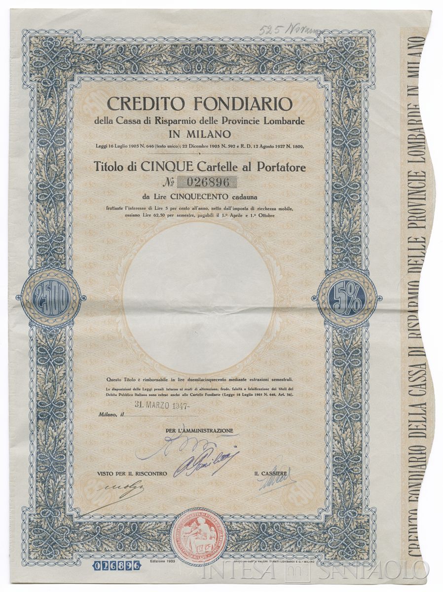 Credito Fondiario della Cariplo, cartelle al portatore - recto c