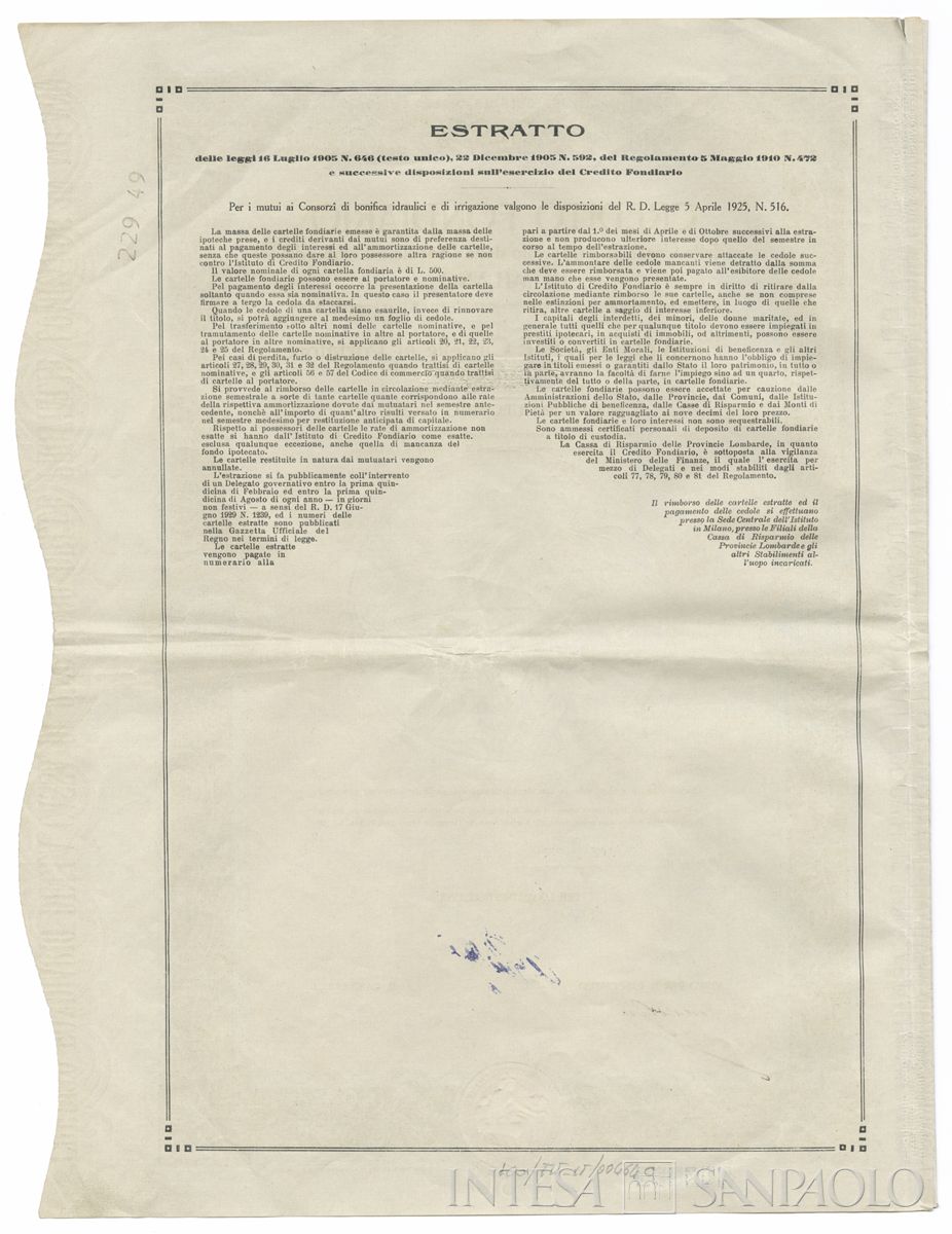 Credito Fondiario della Cariplo, cartelle al portatore - verso c