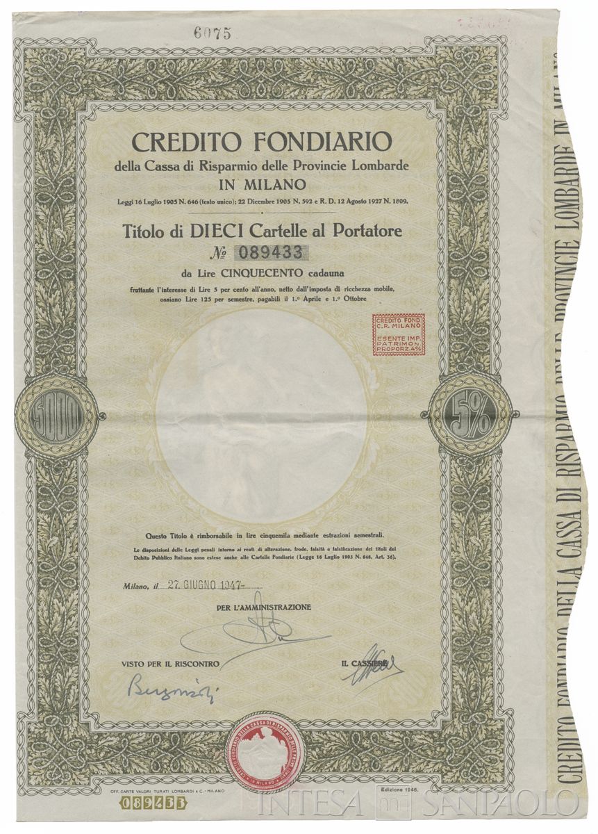 Credito Fondiario della Cariplo, cartelle al portatore - recto d
