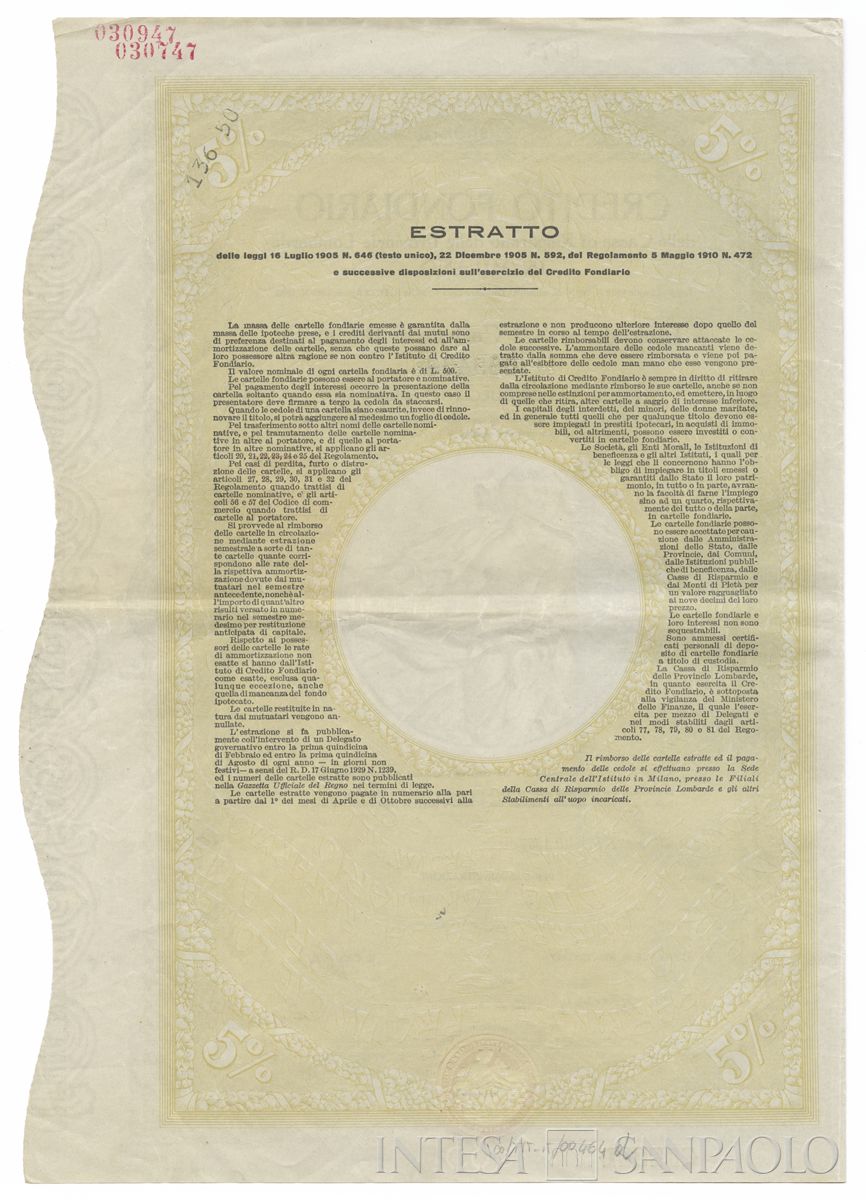 Credito Fondiario della Cariplo, cartelle al portatore - verso d