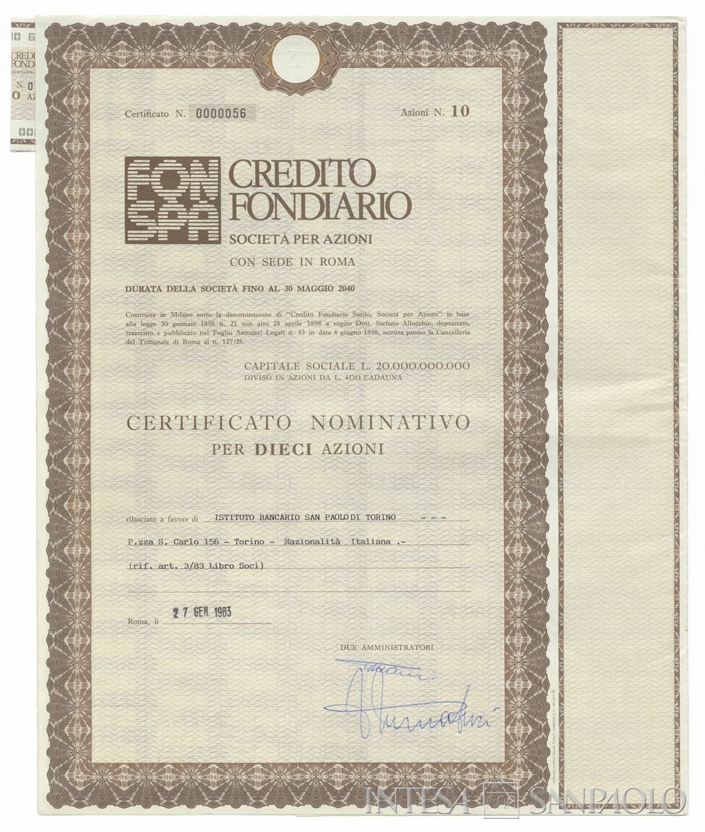 Credito Fondiario Spa, certificati azionari nominativi - recto a