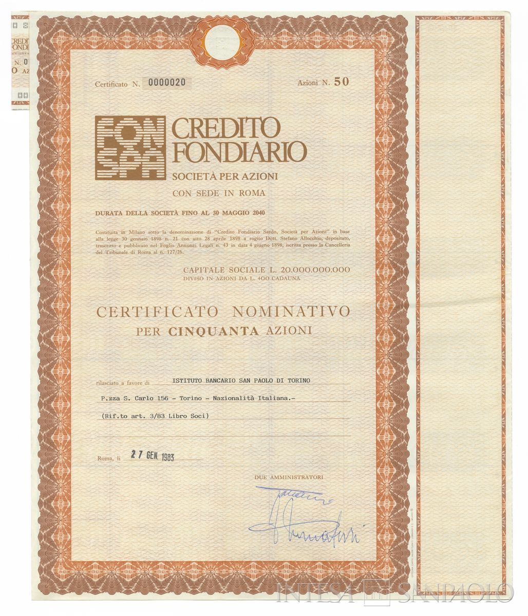 Credito Fondiario Spa, certificati azionari nominativi - recto b