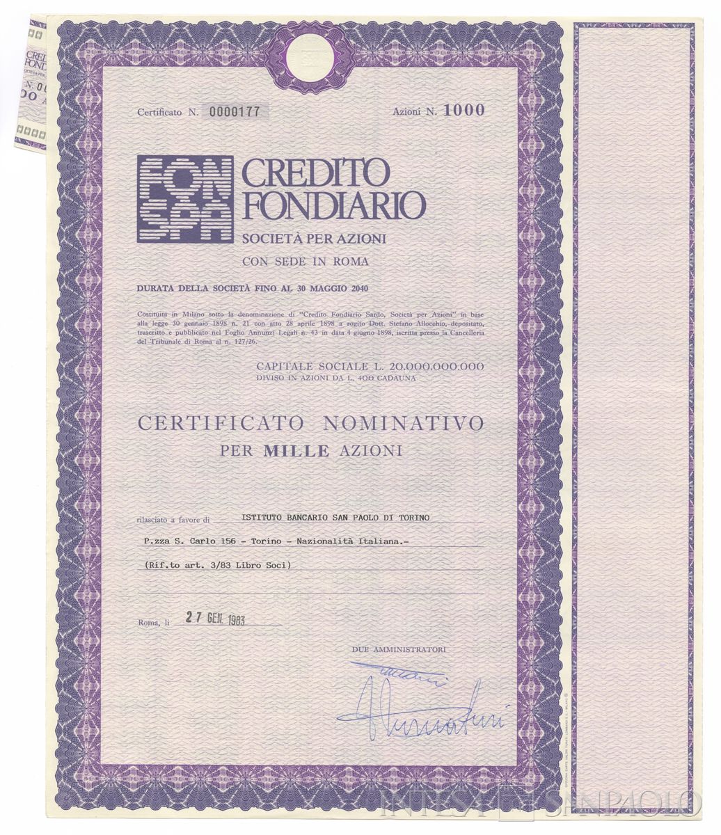Credito Fondiario Spa, certificati azionari nominativi - recto d
