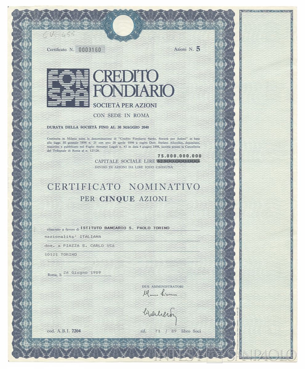 Credito Fondiario Spa, certificati azionari nominativi - recto e