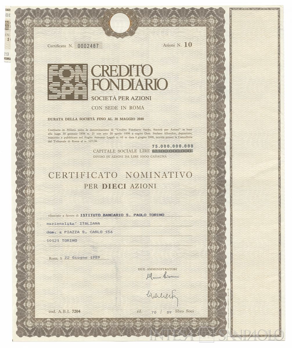 Credito Fondiario Spa, certificati azionari nominativi - recto f