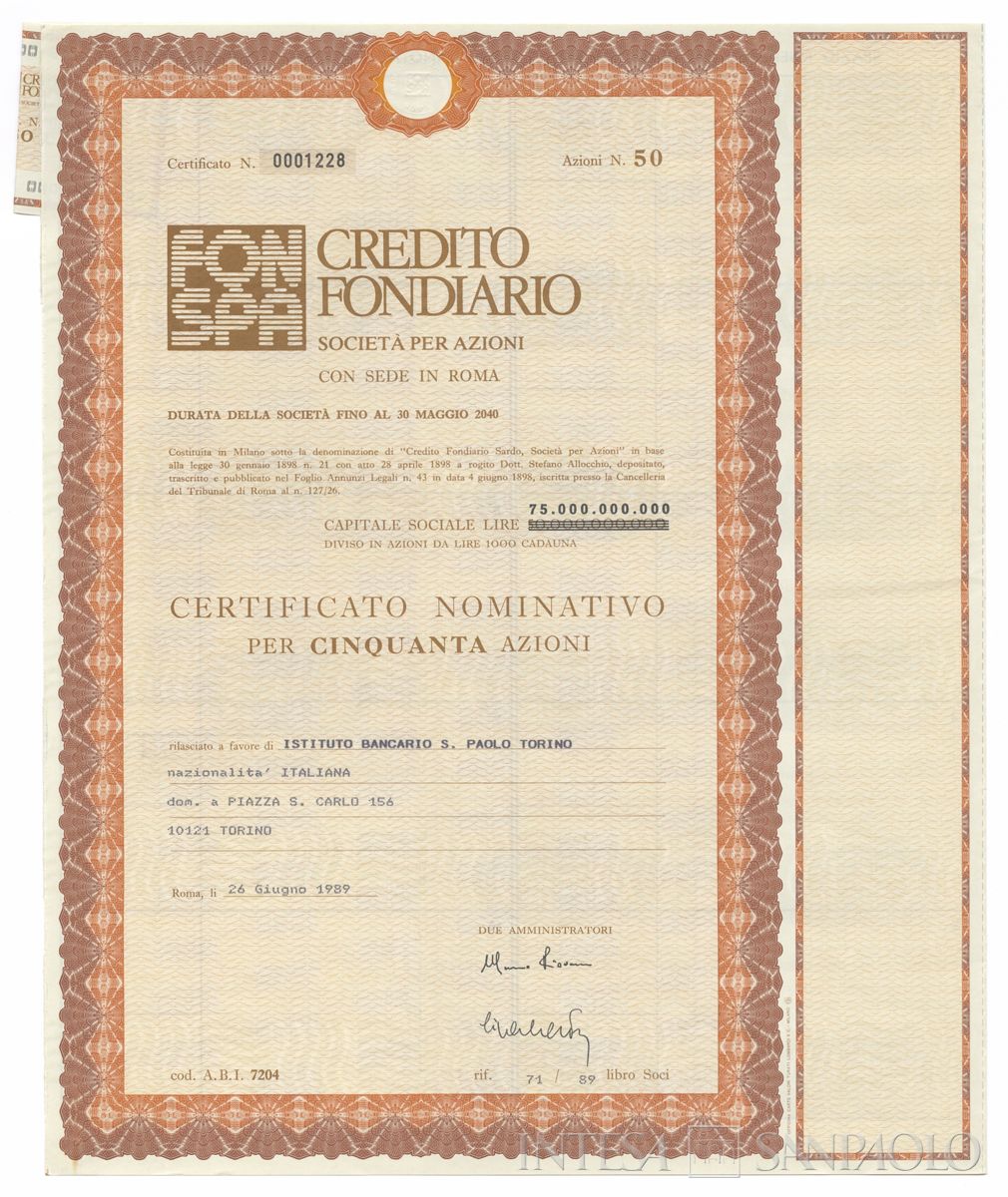 Credito Fondiario Spa, certificati azionari nominativi - recto g