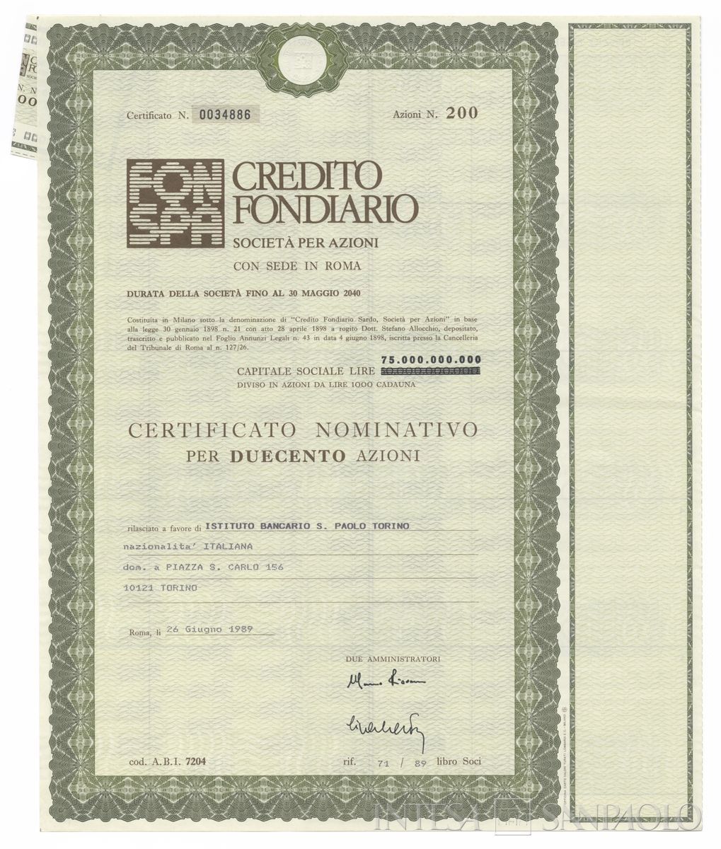 Credito Fondiario Spa, certificati azionari nominativi - recto h