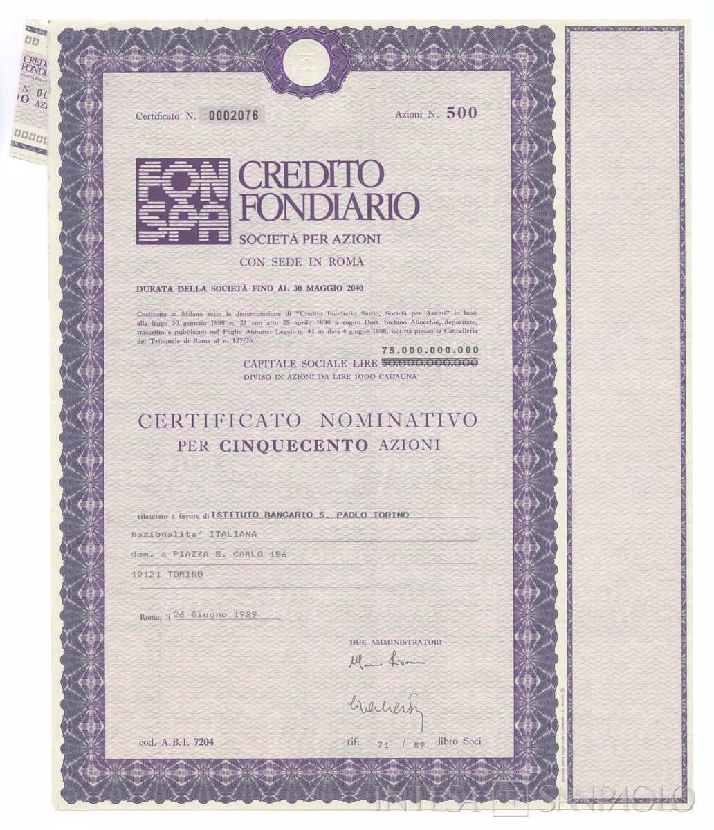Credito Fondiario Spa, certificati azionari nominativi - recto i