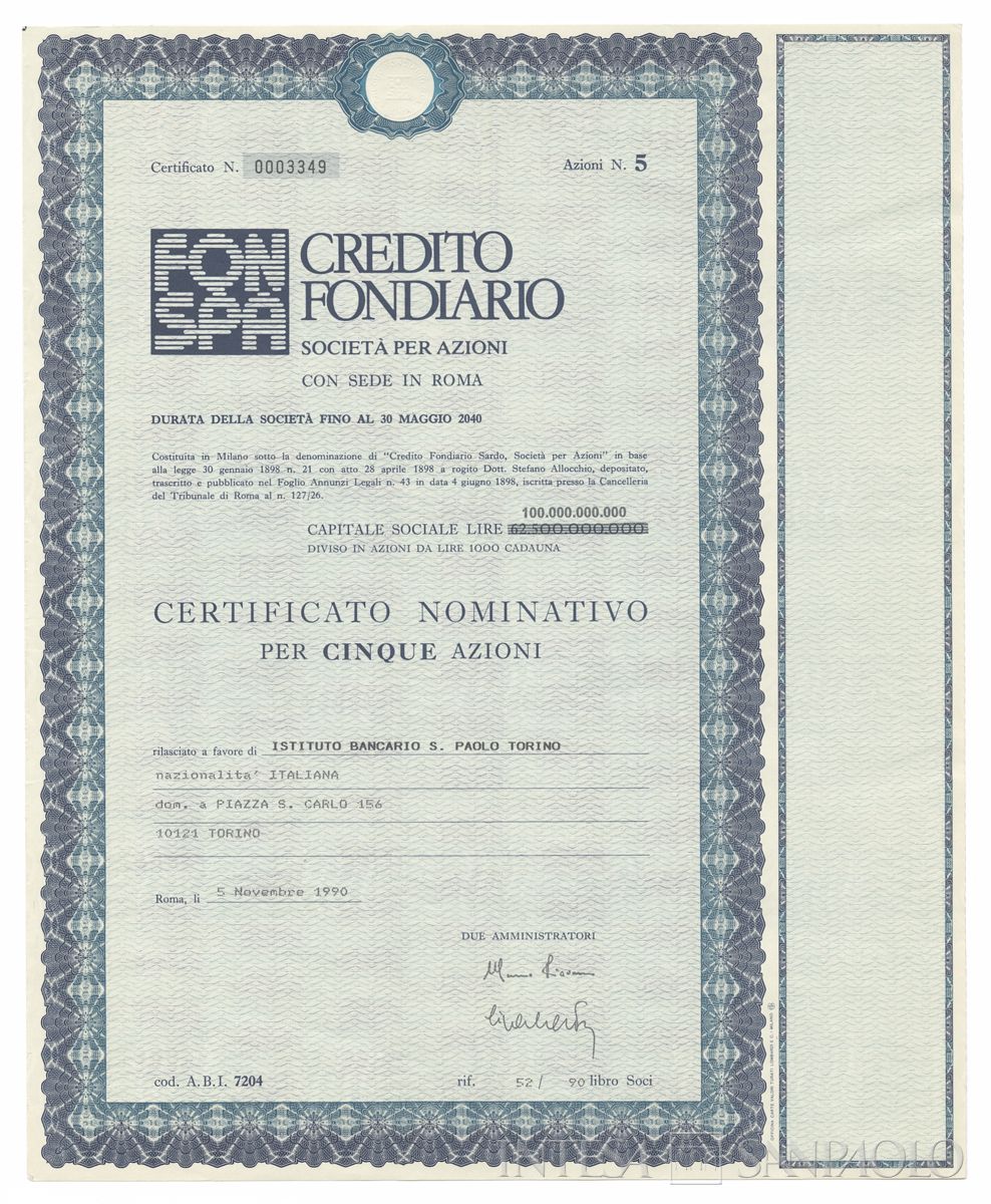 Credito Fondiario Spa, certificati azionari nominativi - recto l