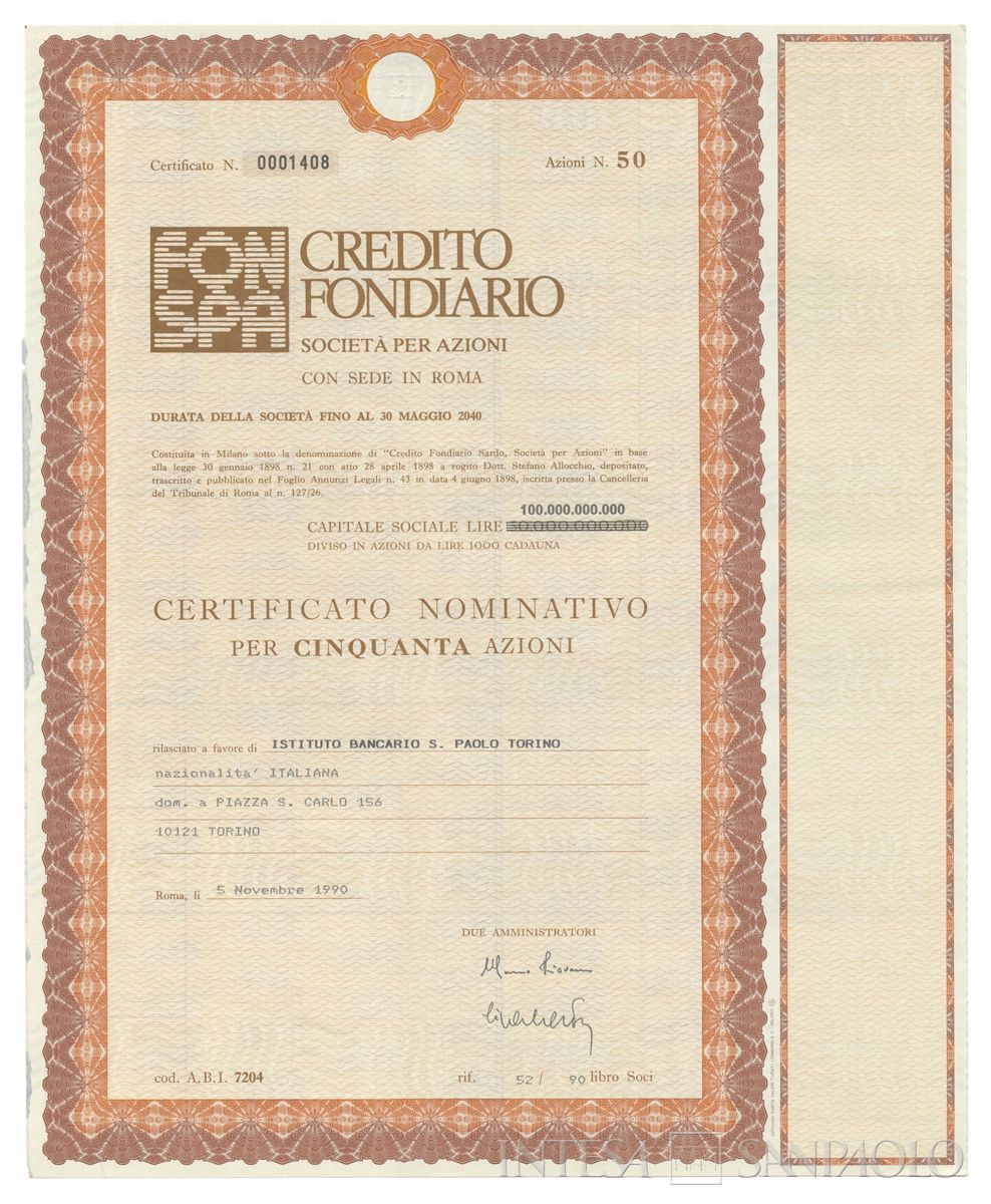 Credito Fondiario Spa, certificati azionari nominativi - recto n