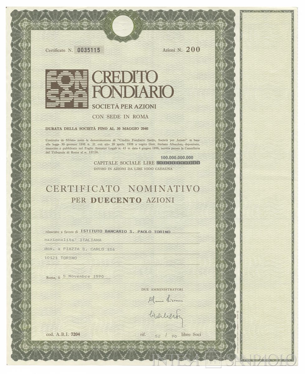 Credito Fondiario Spa, certificati azionari nominativi - recto o