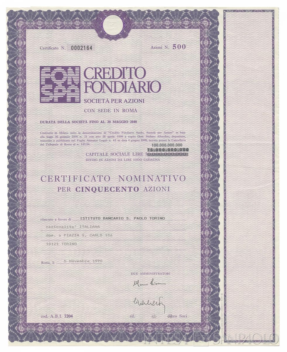 Credito Fondiario Spa, certificati azionari nominativi - recto p