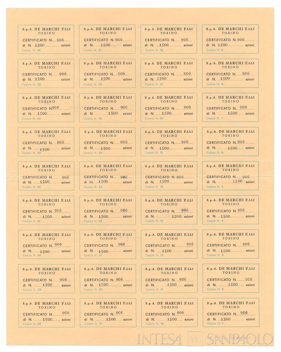 De Marchi Fratelli SpA, certificati azionari nominativi - recto a