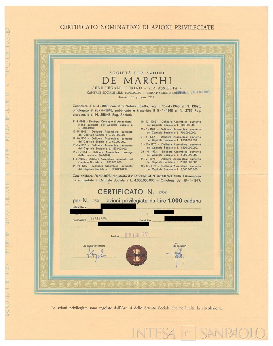 De Marchi Fratelli SpA, certificati azionari nominativi - recto b