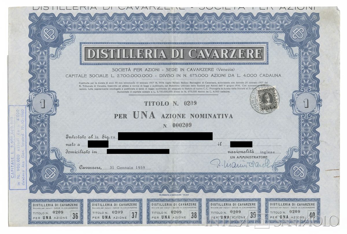 Distilleria di Cavarzere SpA, certificati azionari nominativi - recto a