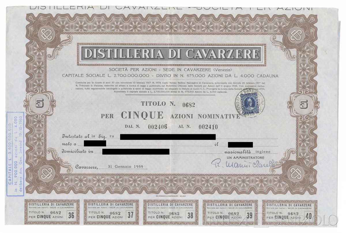 Distilleria di Cavarzere SpA, certificati azionari nominativi - recto b