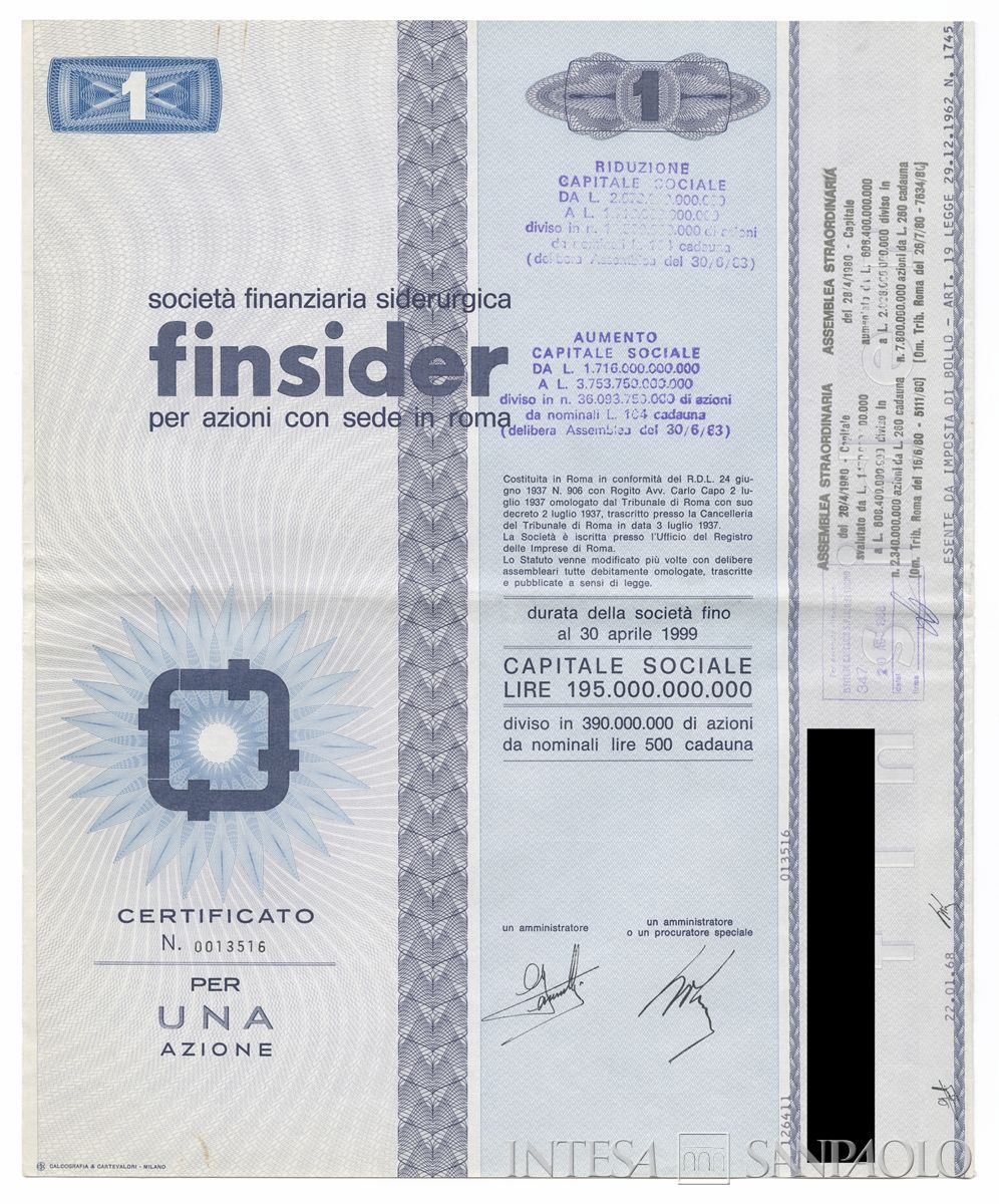 FINSIDER Società finanziaria siderurgica SpA, certificati azionari nominativi - recto a