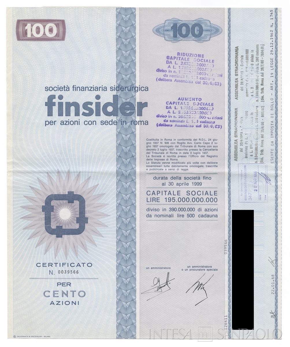 FINSIDER Società finanziaria siderurgica SpA, certificati azionari nominativi - recto b