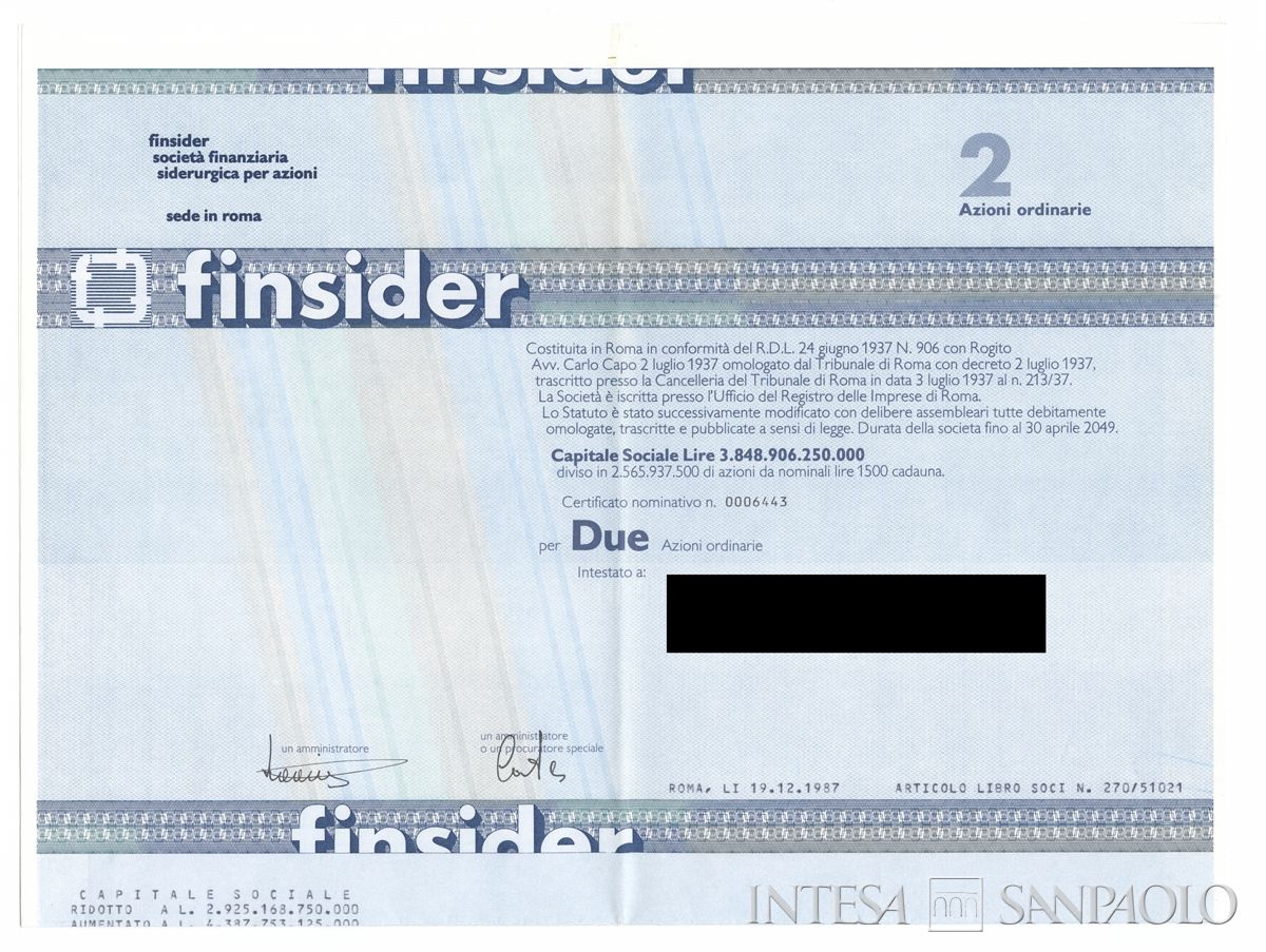 FINSIDER Società finanziaria siderurgica SpA, certificati azionari nominativi - recto a
