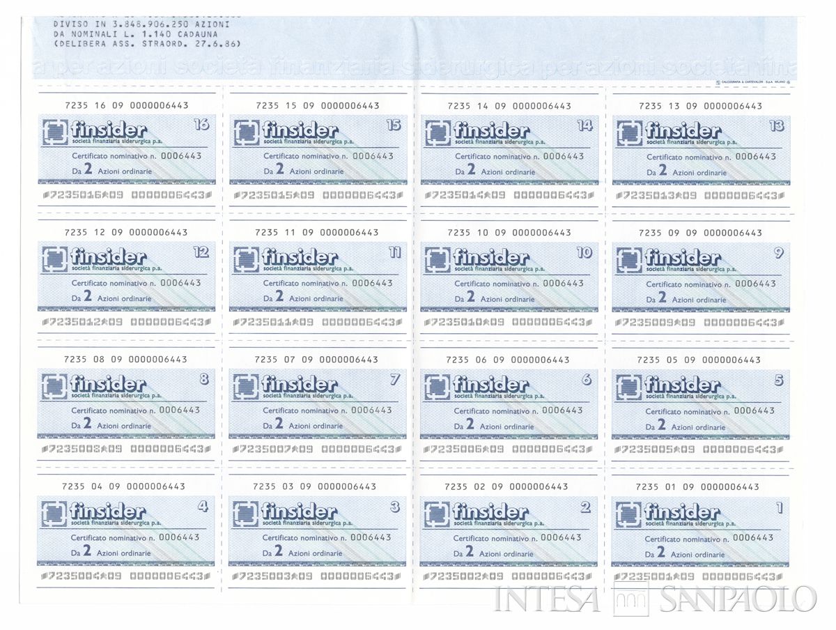 FINSIDER Società finanziaria siderurgica SpA, certificati azionari nominativi - recto a