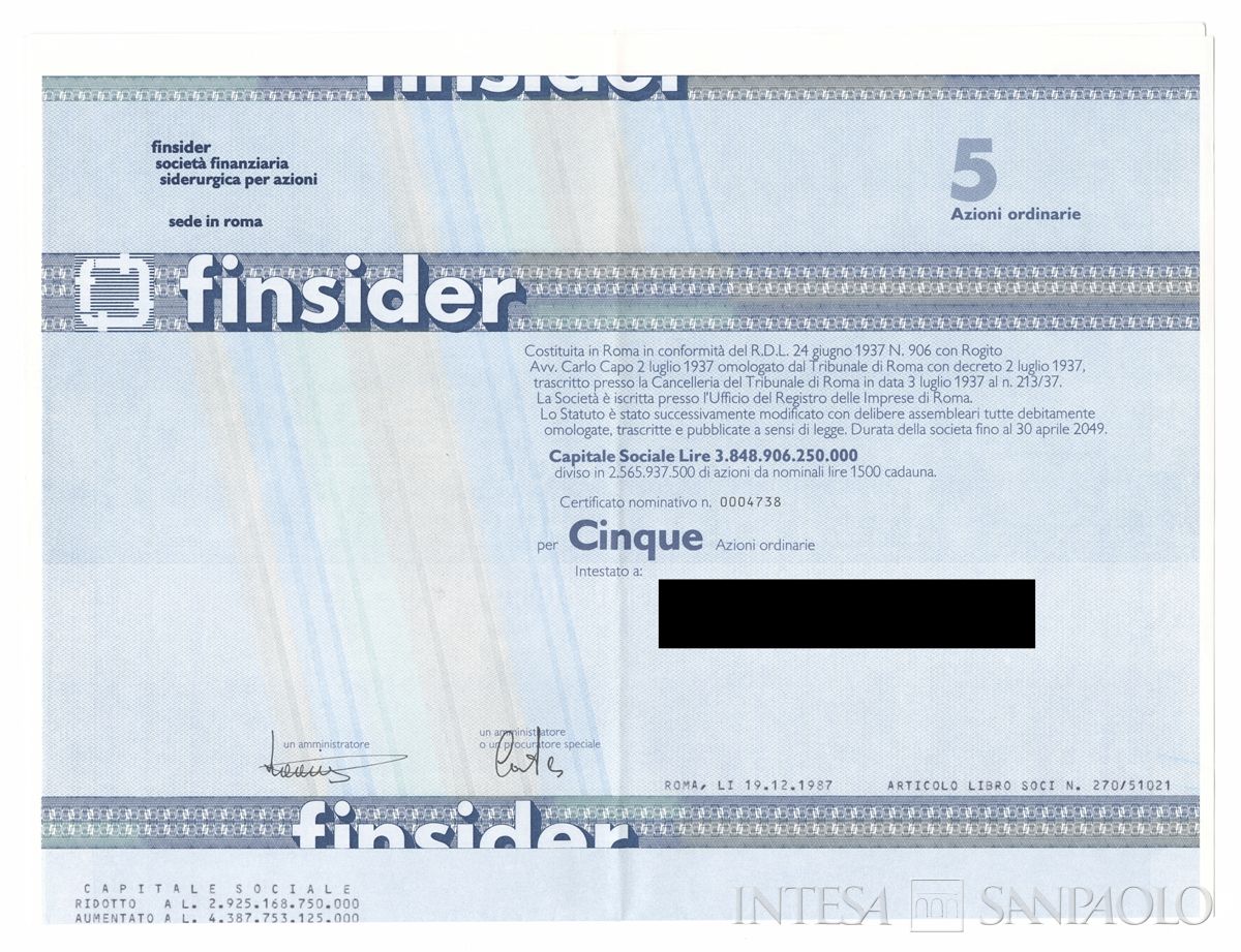 FINSIDER Società finanziaria siderurgica SpA, certificati azionari nominativi - recto b