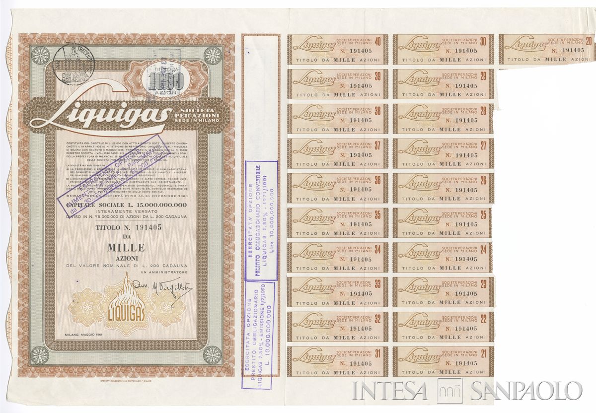Liquigas SpA, certificato azionario al portatore - recto