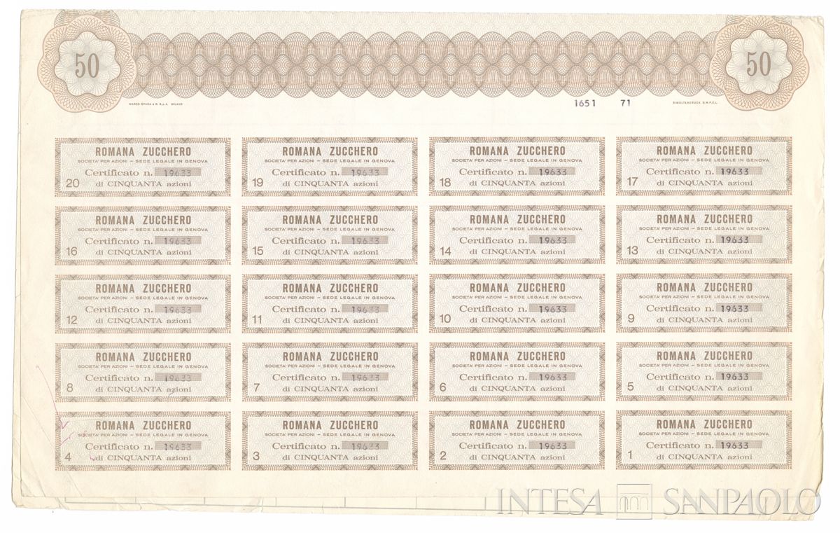 Romana zucchero SpA, certificati azionari nominativi - recto a